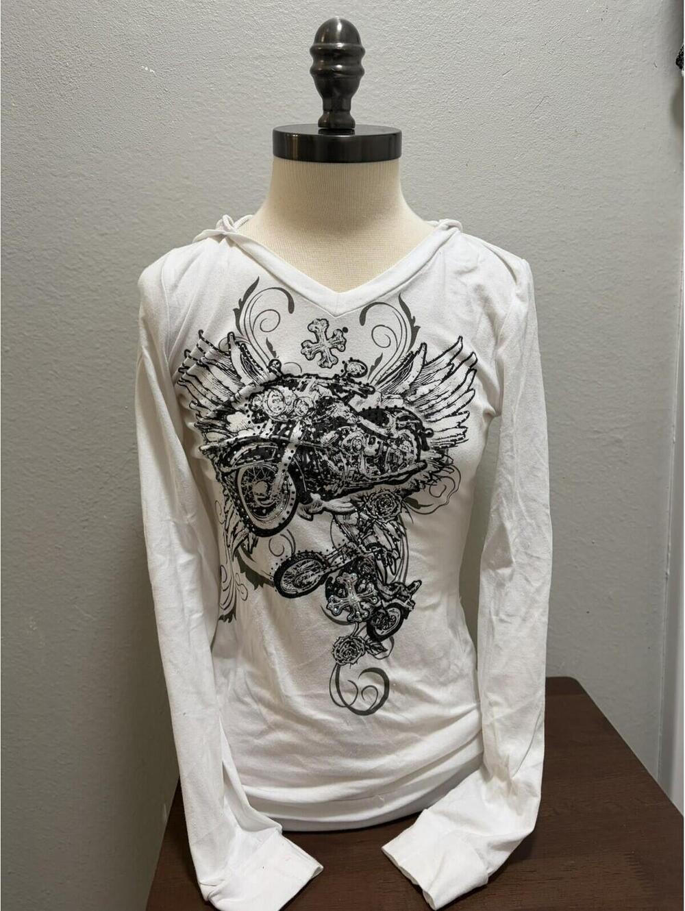 Vintage Y2K Hooded Long Sleeve Sz M White & Black Grunge